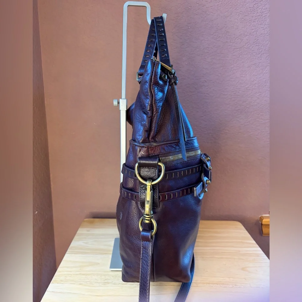 Joelle Hawkens Victory Folder Leather Bag | Brown Boho Studded Satchel Crossbody